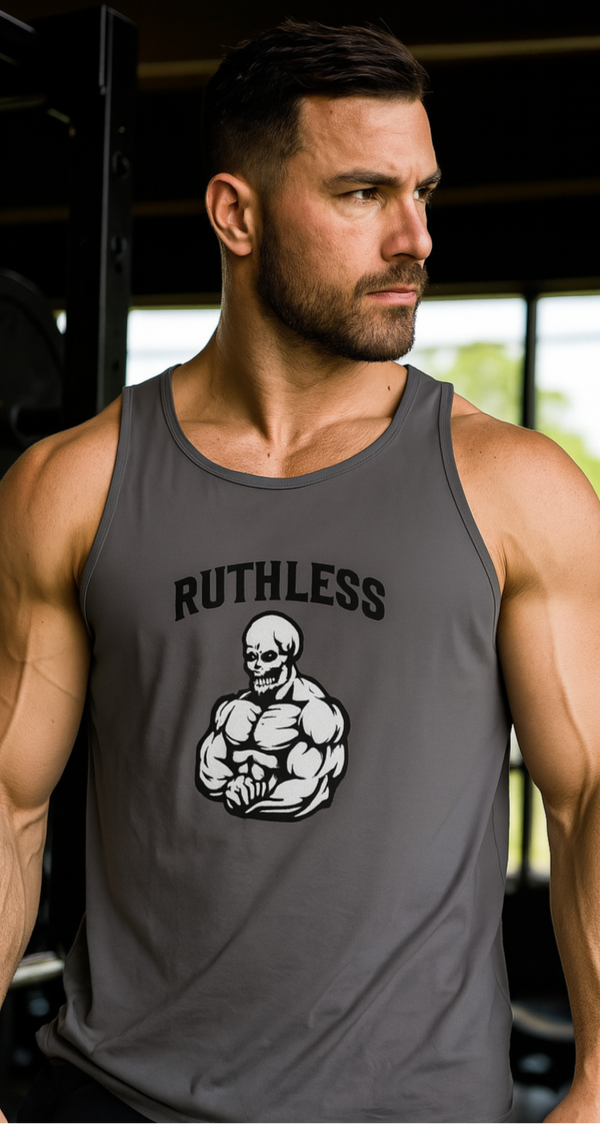 Man wearing a gray tank top with 'Ruthless' graphic design in a gym setting
